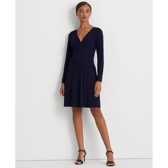 145$ Lauren Ralph Lauren Jersey A-Line Cocktail Dress Long Sleeves Size 10 Navy - Picture 1 of 1